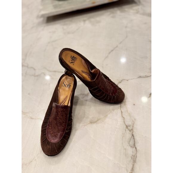 Sofft Comfort Shoes Sz 6.5 Brown Suede Burgundy Paisley Camille Leather Mules - Picture 1 of 9